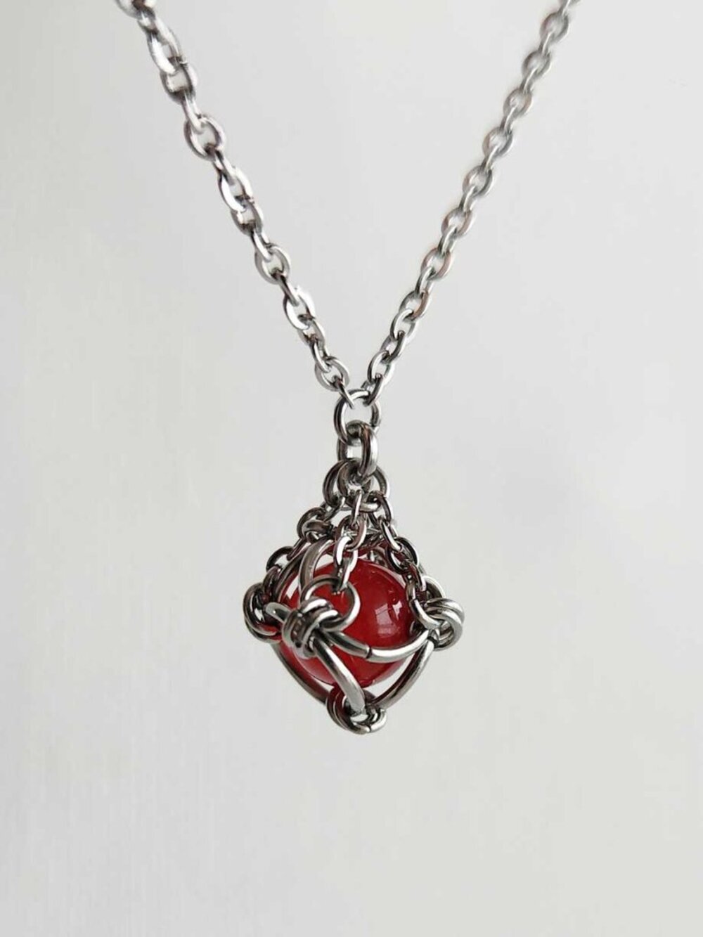 Vintage red and silver goth necklace with a small silver chain